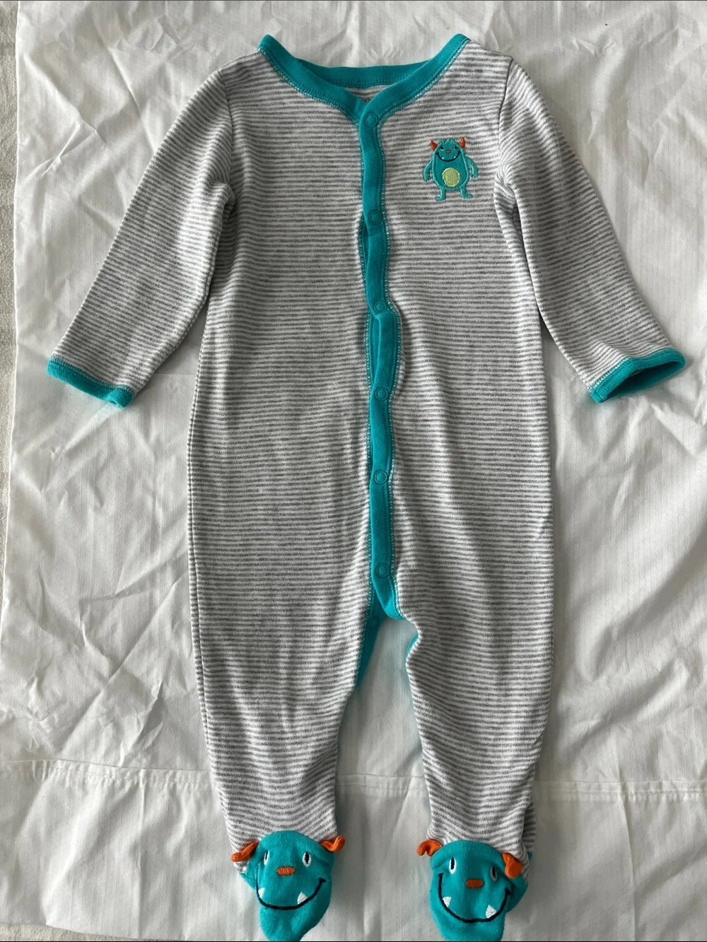 Carter's unisex Gray Striped Footed One-Piece with Teal Trim pajamas